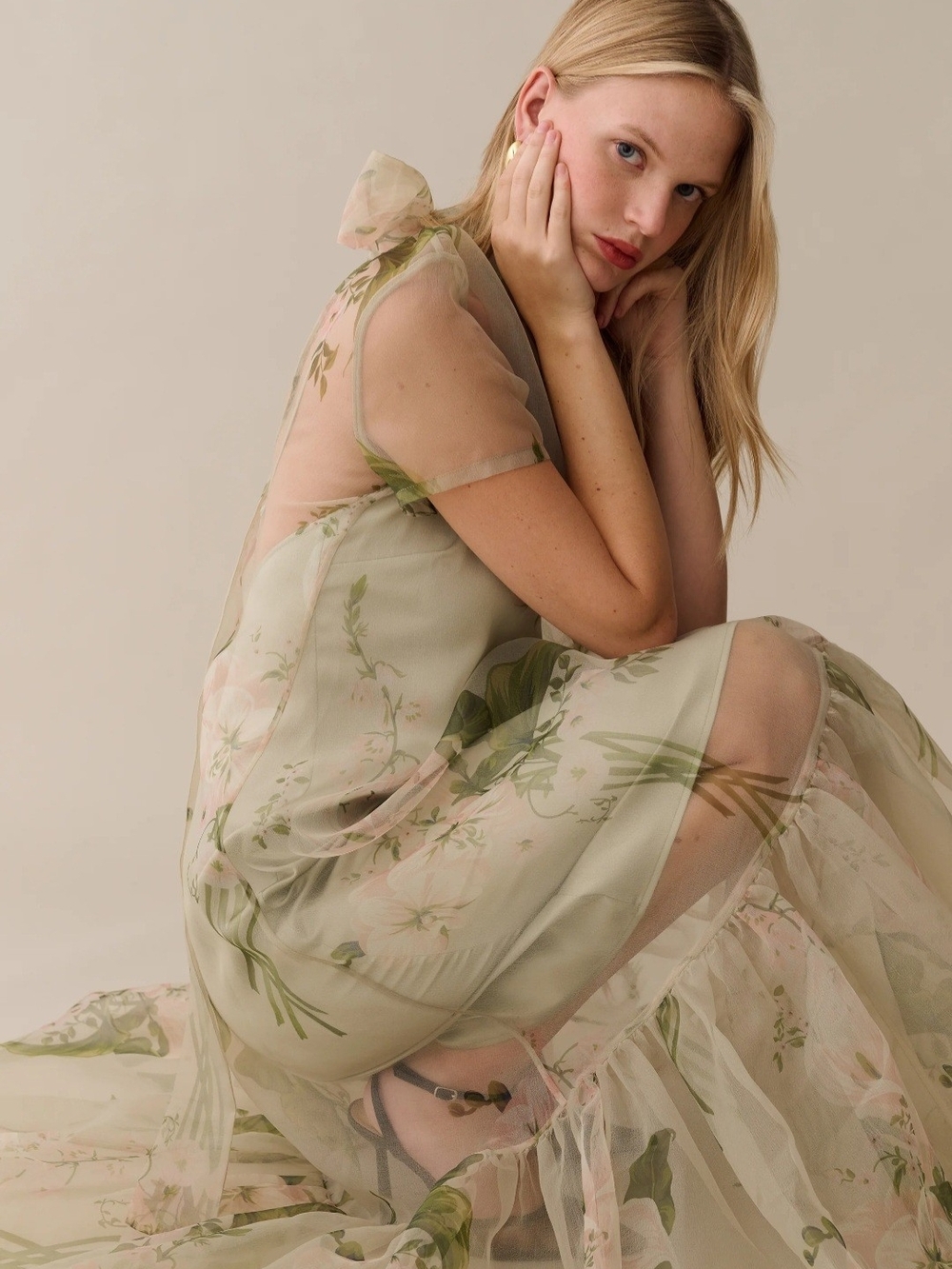 Few Moda Melody Romantic Sheer Floral Maxi Dress in Mint Blossom